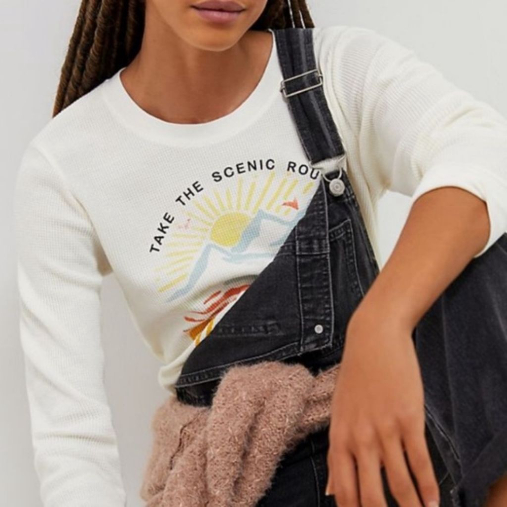 Back When x Anthropologie Thermal Rockies Graphic Top ivory tee women's medium M - Picture 2 of 6